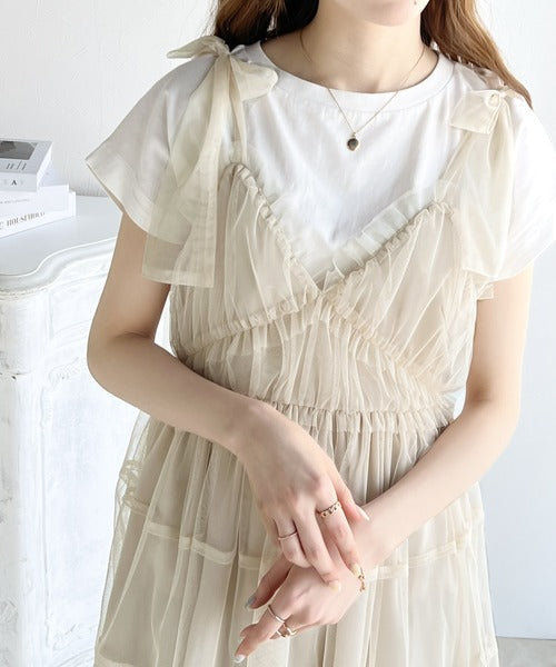 【mily bilet】センシュアルな雰囲気を醸し出す一着。リボン使いチュールキャミソール mi1019040
