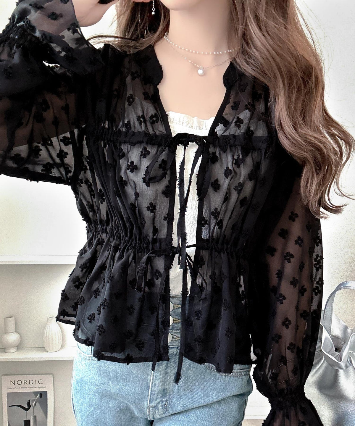 【mily bilet】透け感シフォンでつくる、大人の可憐スタイル。花柄シフォンカーデブラウス（長袖） mi1019105