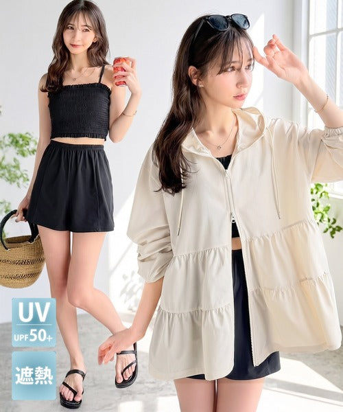 【接触冷感・UVカット・UPF50＋・遮熱機能付き】ひらりと隠して、しっかり守る。ティアードラッシュガード４点セット(紫外線カット率90%以上) jv1265097