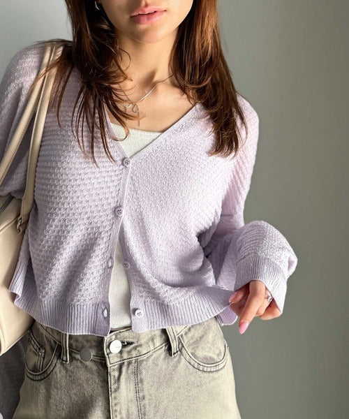 【mily bilet】抜け感とキラ感、どっちも欲張るのが正解◎箔プリントメッシュショート丈Vネックカーディガン(長袖) mi1259016
