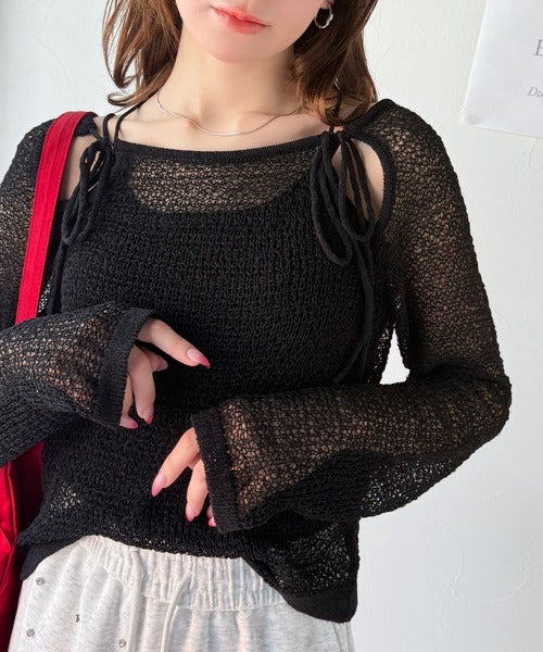 【mily bilet】大人かわいい肌見せを叶える。プレートデザイン前後2WAYメッシュ編み肩リボンニットプルオーバー（長袖） mi1259014