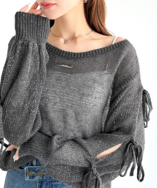【mily bilet】大人のきらめき。プレートデザイン透かし編み袖リボンラメニット(ワンオフショル2way) mi1259009