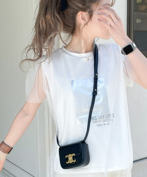 【mily bilet】1枚で上級お洒落style。チュール重ね着風シルバー箔プリントTシャツ mi1149050