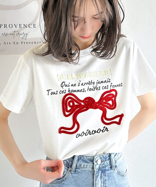 【mily bilet】華やか大人ガーリー。リボンコード刺繍プレートデザインTシャツ mi1329025