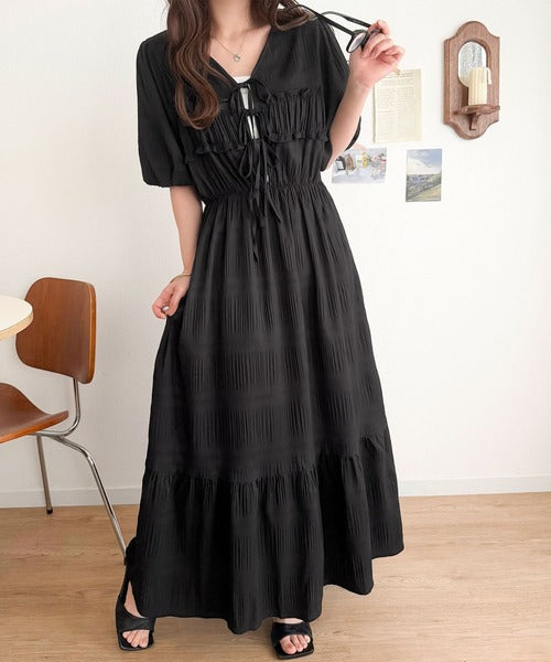【mily bilet】1枚で華やぐ♪揺れ感シアーフリルリボンプリーツロングワンピース mi1019134