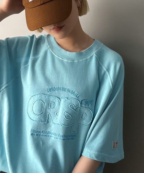 《JaVaジャバコラボ》裾はドロストでお好みのシルエットに。ヴィンテージライクな半袖ロゴスウェット jv1029126