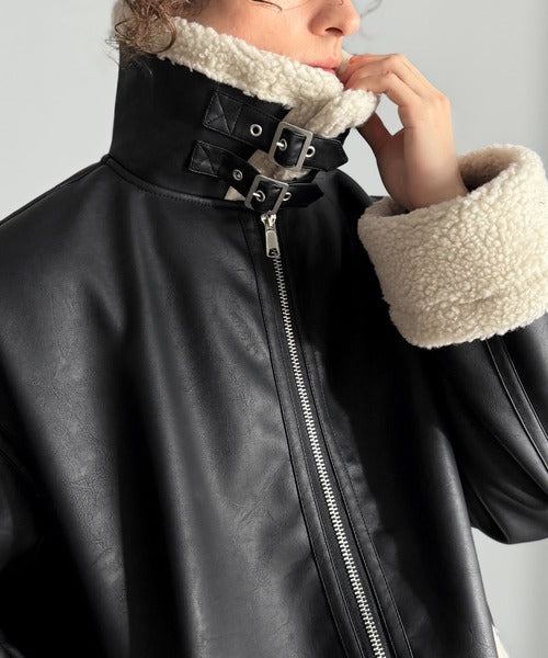 【Classical Origin】「ずっしりかっこいい。」2way襟ボア切り替えフェイクレザージャケット／2way Boa Collar Faux Leather Jacket co1150081