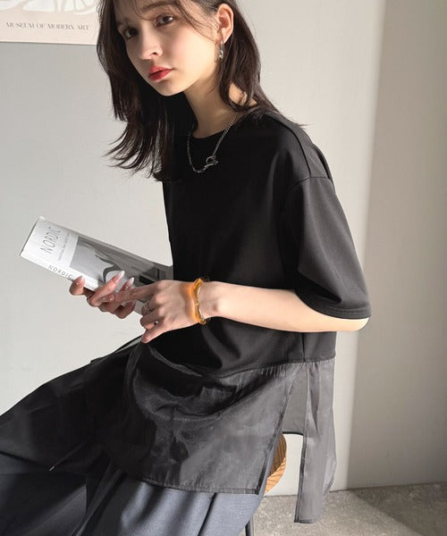 春夏に涼しさ引き立てる透け感が◎裾シアー切り替えライトダンボール半袖Tシャツ ce1110116