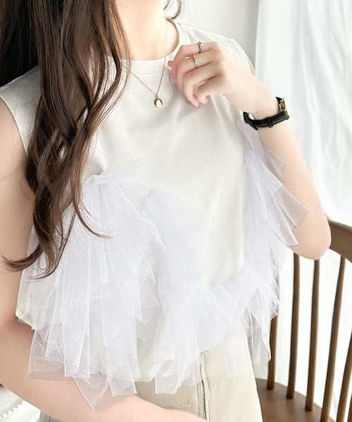 【mily bilet】360度コーデが華やぐ。フリルデザインノースリーブTシャツ mi1149049