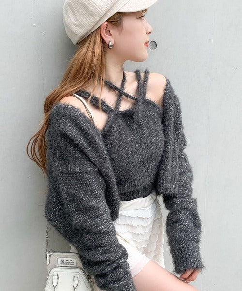 【mily bilet】秋冬も抜かりない女子コーデに！チョーカーニットキャミ使いメランジニットアンサンブル mi1259003
