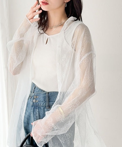 甘さ控えめ、大人の肌魅せ♪チュールレースオーバーシャツ（長袖） ce1240092