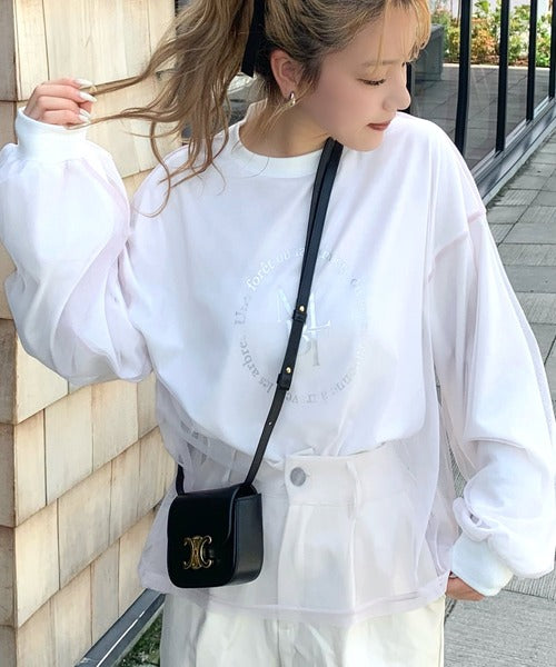 【mily bilet】デイリーからお出かけまであらゆるシーンに大活躍！箔プリントチュール重ねロングTシャツ mi1019058