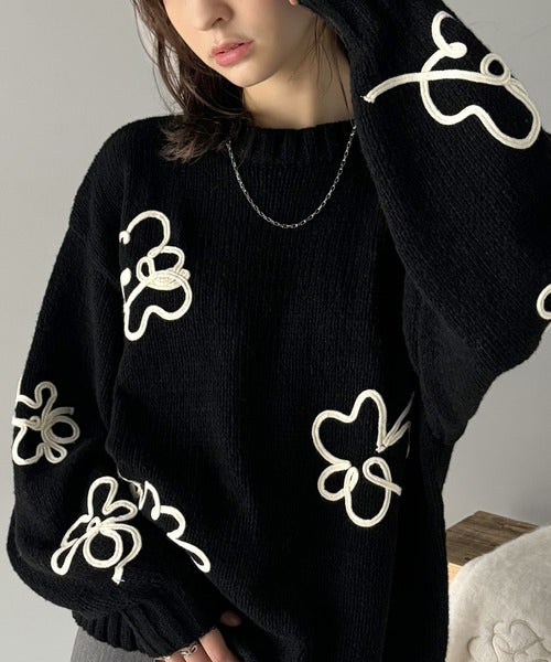 【mily bilet】秋冬のあったかニット。ウールライクフラワーコード刺繍ニットプルオーバーニット mi1149064