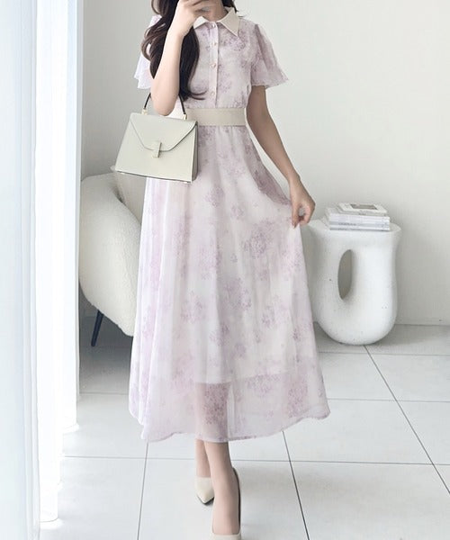 【mily bilet】夏を涼む相棒ワンピ♪水彩フラワーが上品。シアーフローラル バックリボンワンピース (長袖) (ロング) mi1139101