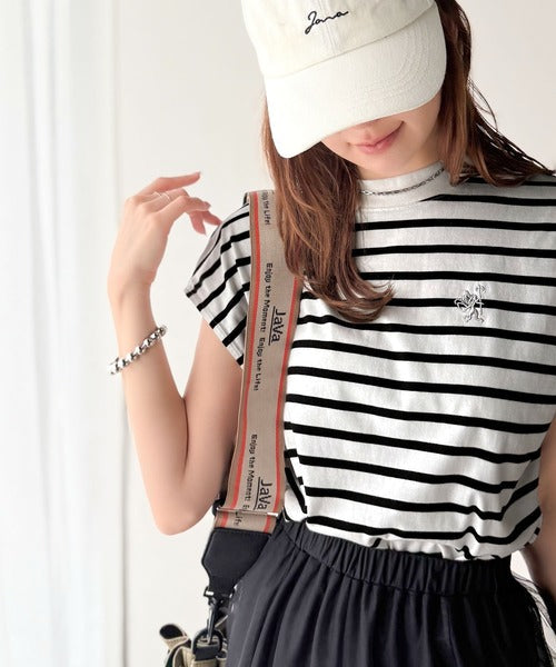 大人女子の上品ベーシック。綿100％シルケットモックネックフレンチTシャツ(刺繍) ce1260395