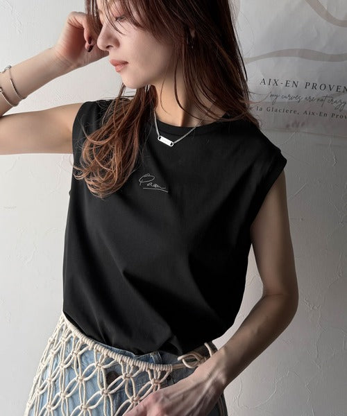 接触冷感♪大人カジュアルを格上げ！胸元ワンポイント刺繍ノースリーブトップ ce1050275