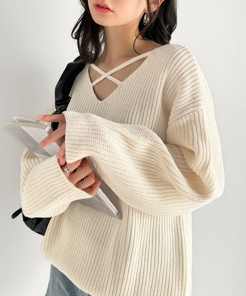 【mily bilet】キュートなふんわりスタイル。2wayプレート使いクロスデザイン畦編みニットプルオーバー（長袖） mi1029103