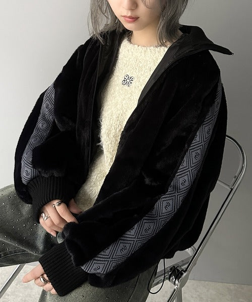【mily bilet】上質な肌触り、スタイリッシュアウター。ジャガードテープ使いドロスト付き指穴シャギーファーブルゾン mi1019054