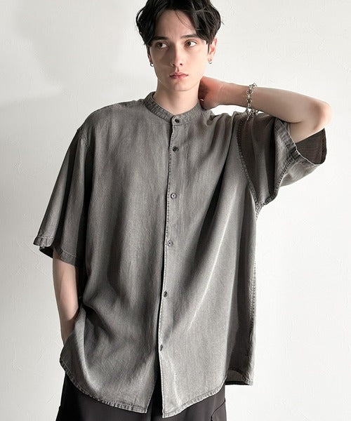 Rayon Denim Band Collar Relaxed Shirt／ヴィンテージ加工ルーズフィットデニムシャツ co1150011