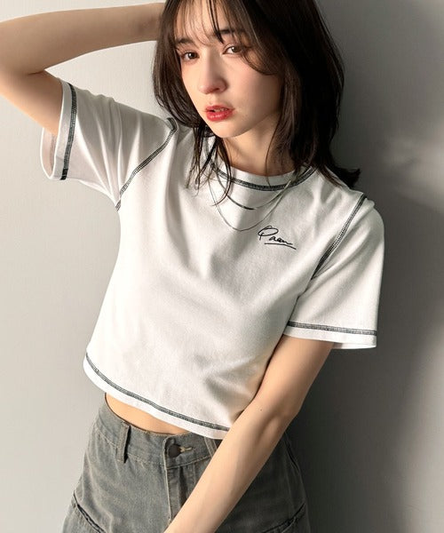 1枚で今っぽデザイン♪PAEAN刺繍配色ステッチチビTシャツ（半袖） ce1020200