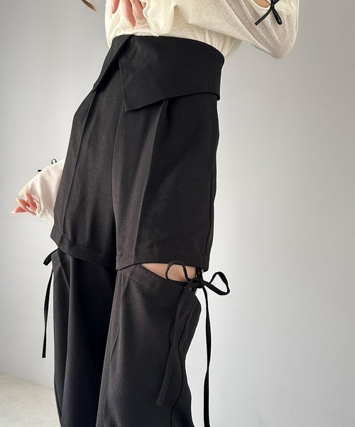 【mily bilet】大人ガーリーボトム。ウエスト折り返しリボンストラップ２WAYセンタープレスハイウエストワイドスラックスパンツ mi1329005