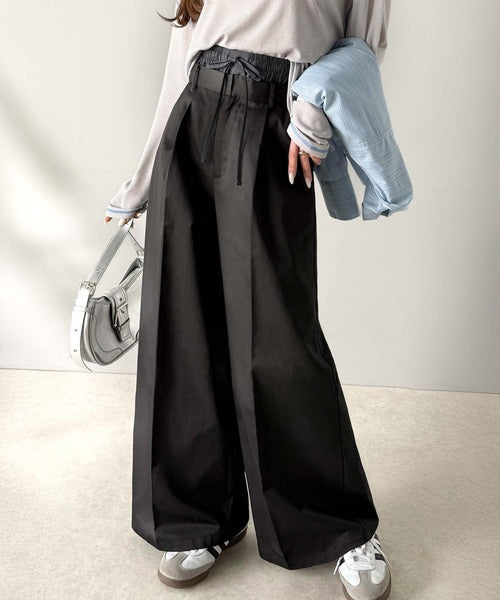 上品なシルエットの優秀パンツ♪Wベルト異素材スラックスワイドパンツ ce0940219