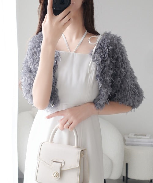 【mily bilet】上品で洗練のマストアイテム。マルチウェイシャギー半袖カーデ付きリボンキャミワンピースアンサンブル mi1139061