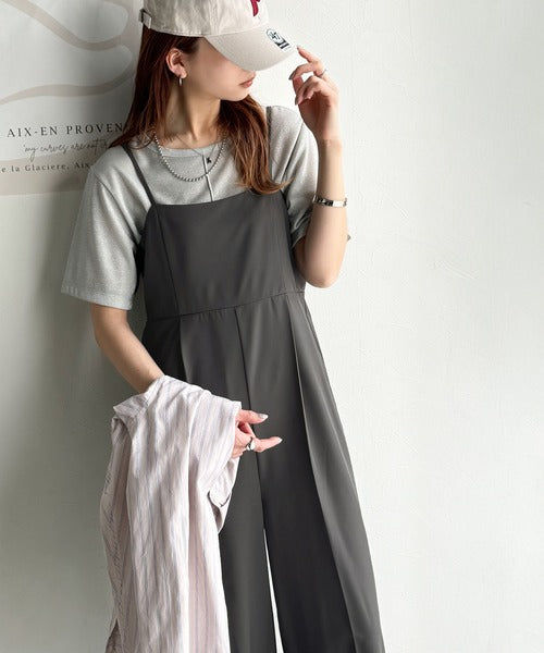 脚長上品シルエット！センタープレス入りストレッチキャミサロペット ce0940242