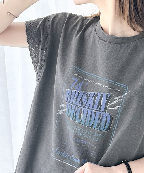 《Javaジャバコラボ》ヴィンテージライクなデザイン。綿100％袖レースピグメントロックTシャツ jv1050164