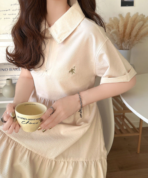 トレンドのティアード♪胸刺繍サッカーハーフZIPワンピース（ロング） ce1260303