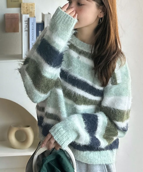 【mily bilet】カラフルミックスで視線釘付け。マルチボーダーシャギーニットプルオーバー（長袖） mi1329040