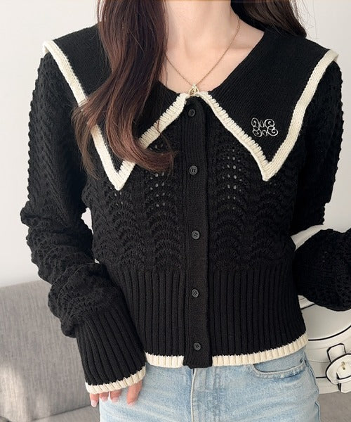 【mily bilet】上品に華やぐ一枚。襟刺繍柄編みビッグ襟ニットポロシャツ(長袖) mi1029097