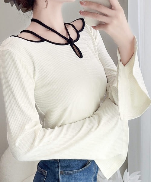 【mily bilet】程よい肌見せで女性らしく。チョーカー使いパイピング配色袖フレアカットソー mi1249001