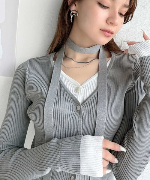 【mily bilet】洗練されたレイヤードスタイル。チョーカー紐付きレイヤード風Vネックカーディガン(長袖） mi1029108