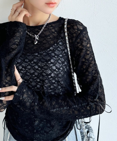 【mily bilet】着るだけでおしゃれ度UP！シアージャガード総レースサイドサテンリボントップス（長袖） mi1019079