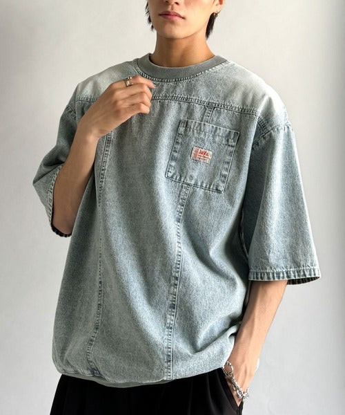 《JaVaジャバコラボ》綿100％ヴィンテージ加工アウターデニムTシャツ jo1010007