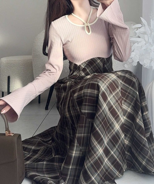 【mily bilet】大人の上品さをブラッシュアップ。チョーカー使い配色パイピングカットソードッキングチェックワンピース mi1139055
