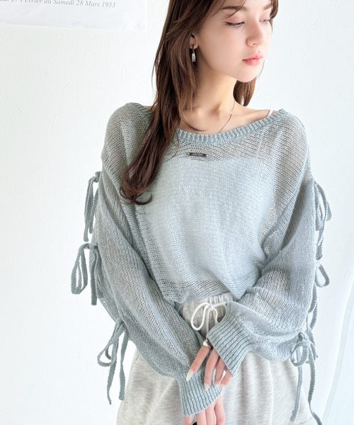 【mily bilet】大人のきらめき。プレートデザイン透かし編み袖リボンラメニット(ワンオフショル2way) mi1259009
