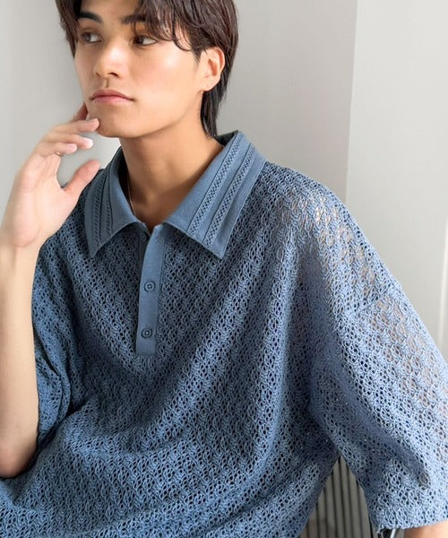 「透け感、モードの余韻。」衿ダブルライン使いレース柄ニットポロシャツ/Lace Detail Knit Polo Shirt co1010010
