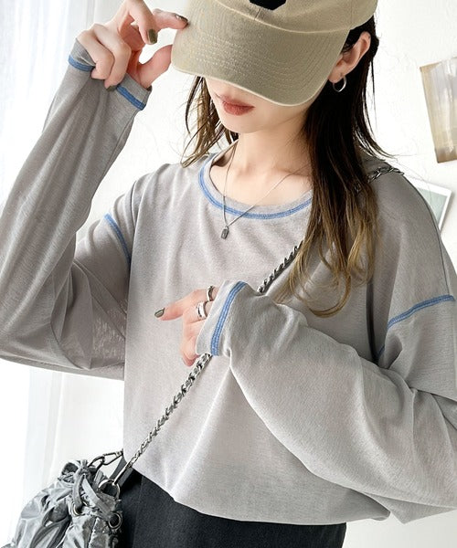 大人のこなれトップス。配色ステッチシアープルオーバー（長袖） ce1020211