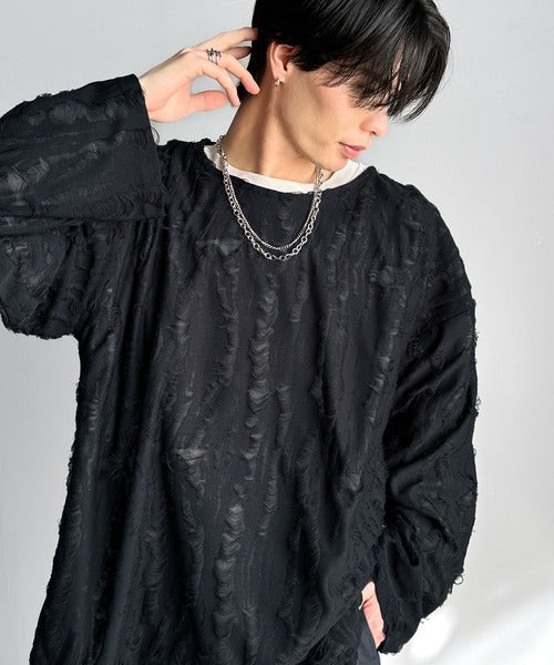 グランジを楽しむ旬スタイル。ダメージ加工ビッグシルエットジャカードカットソーTシャツ（長袖） cm1010420