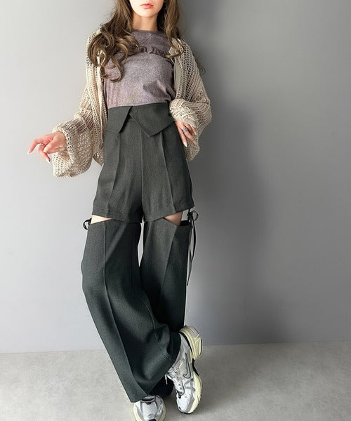 【mily bilet】大人ガーリーボトム。ウエスト折り返しリボンストラップ２WAYセンタープレスハイウエストワイドスラックスパンツ mi1329005