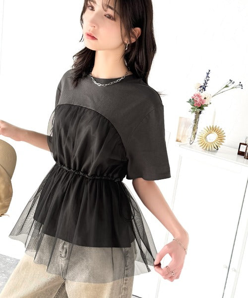 1枚で主役級！綿100%Tシャツ+チュールドッキングドロスト使いトップス(半袖） ce1260379