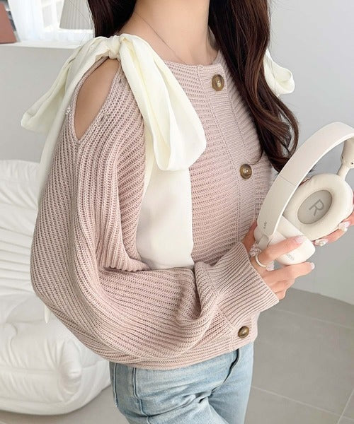 【mily bilet】あざとかわいい♪肩シフォンリボンマルチウェイニットカーディガン(ショート丈) mi1029100