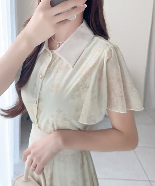 【mily bilet】夏を涼む相棒ワンピ♪水彩フラワーが上品。シアーフローラル バックリボンワンピース (長袖) (ロング) mi1139101