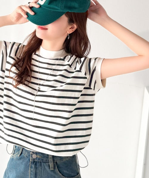 綿100%USAコットン。大人のモックネックフレンチラグラン裾ドロストシンプルTシャツ ce0780080