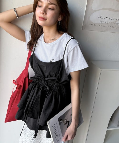 旬のレイヤードスタイルがこれ一着で即完成。ダブルリボン使いキャミ＆ムーン刺繍半袖Tシャツセット ce1265004