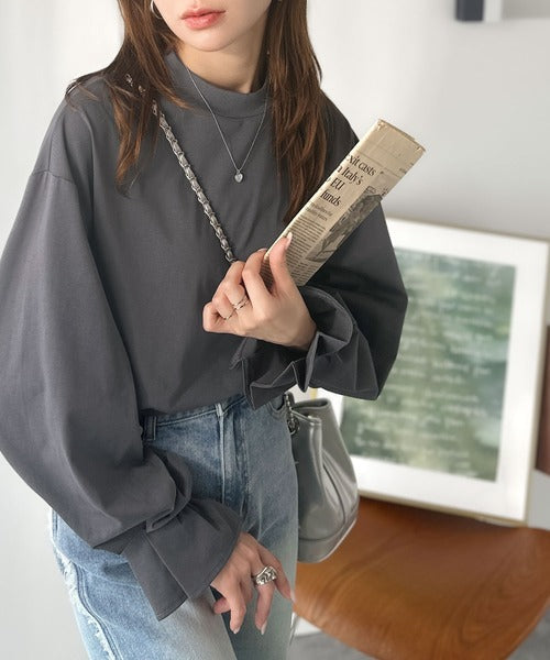 ひとさじの甘さ。微光沢仕立て、シルケット加工ハイネックキャンディスリーブTシャツ（長袖） ce1020306