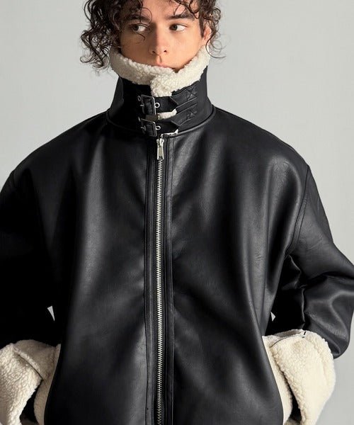 【Classical Origin】「ずっしりかっこいい。」2way襟ボア切り替えフェイクレザージャケット／2way Boa Collar Faux Leather Jacket co1150081