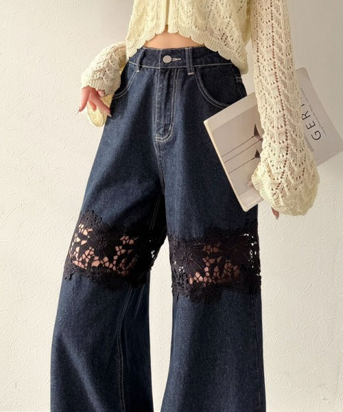 【mily bilet】特別な個性を持つオンリーワンの仕上がり！花柄レースワイドデニムパンツ mi1139076